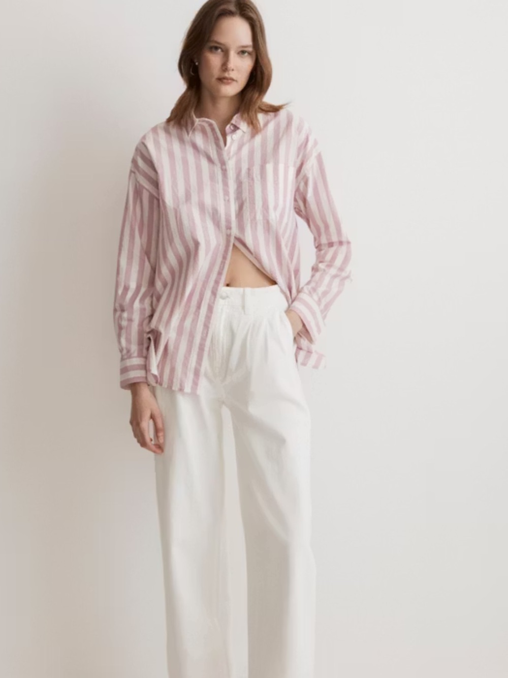 Madewell Pink and White Striped Oversized Poplin Shirt